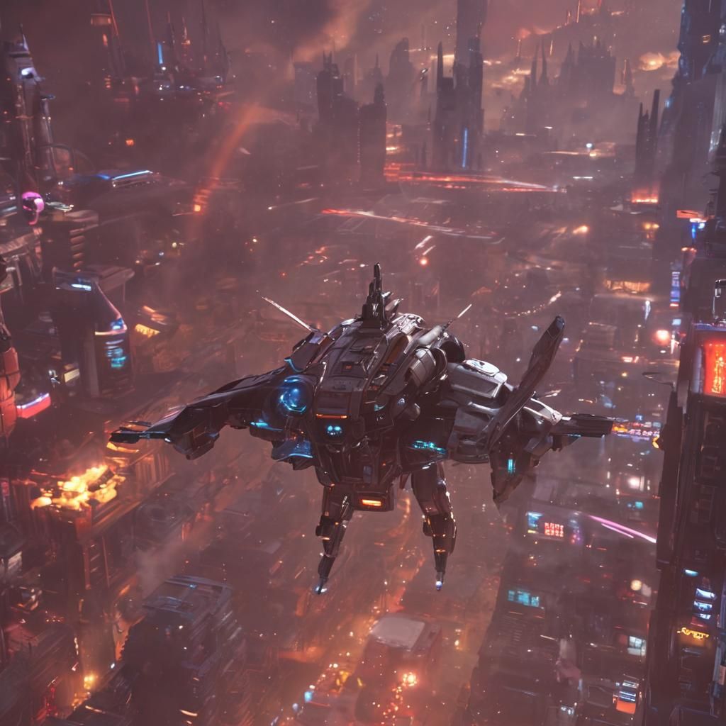 Spaceship Approaches Earth with Robots in 3D Game Style