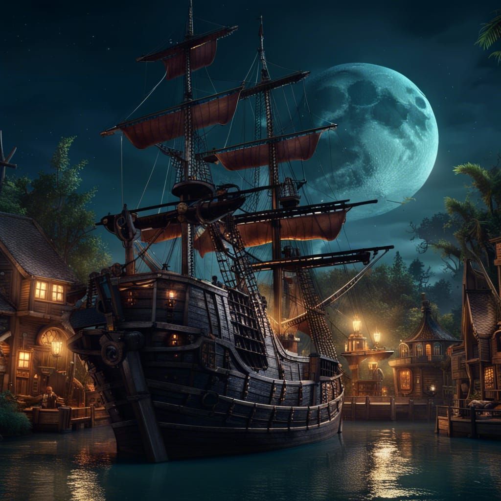 Pirate Ship Attacks Town at Night in Detailed Matte Painting