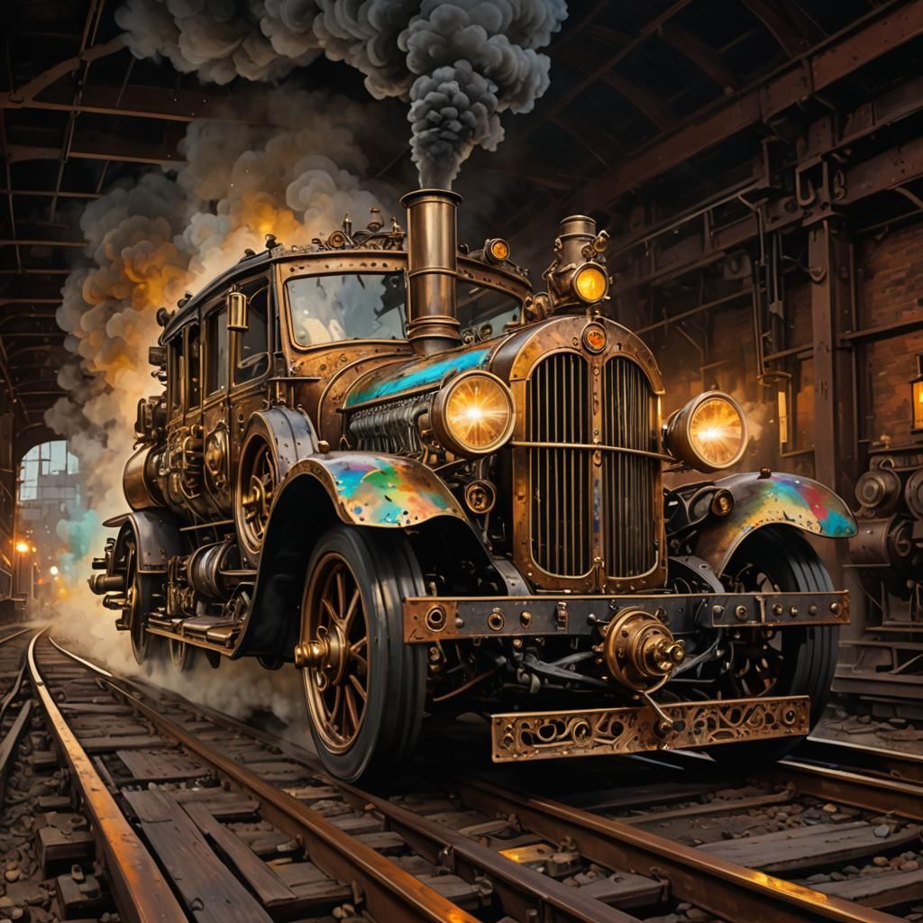 Steampunk Hybrid Car/Train in Colorful Ink Splatter
