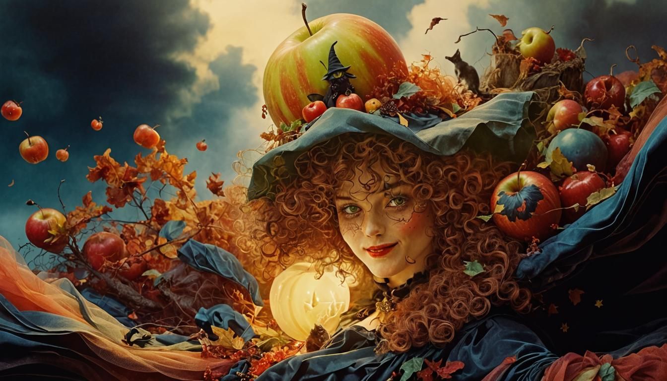 Enchanting Witch Portrait with Cat, Tulle and Apple