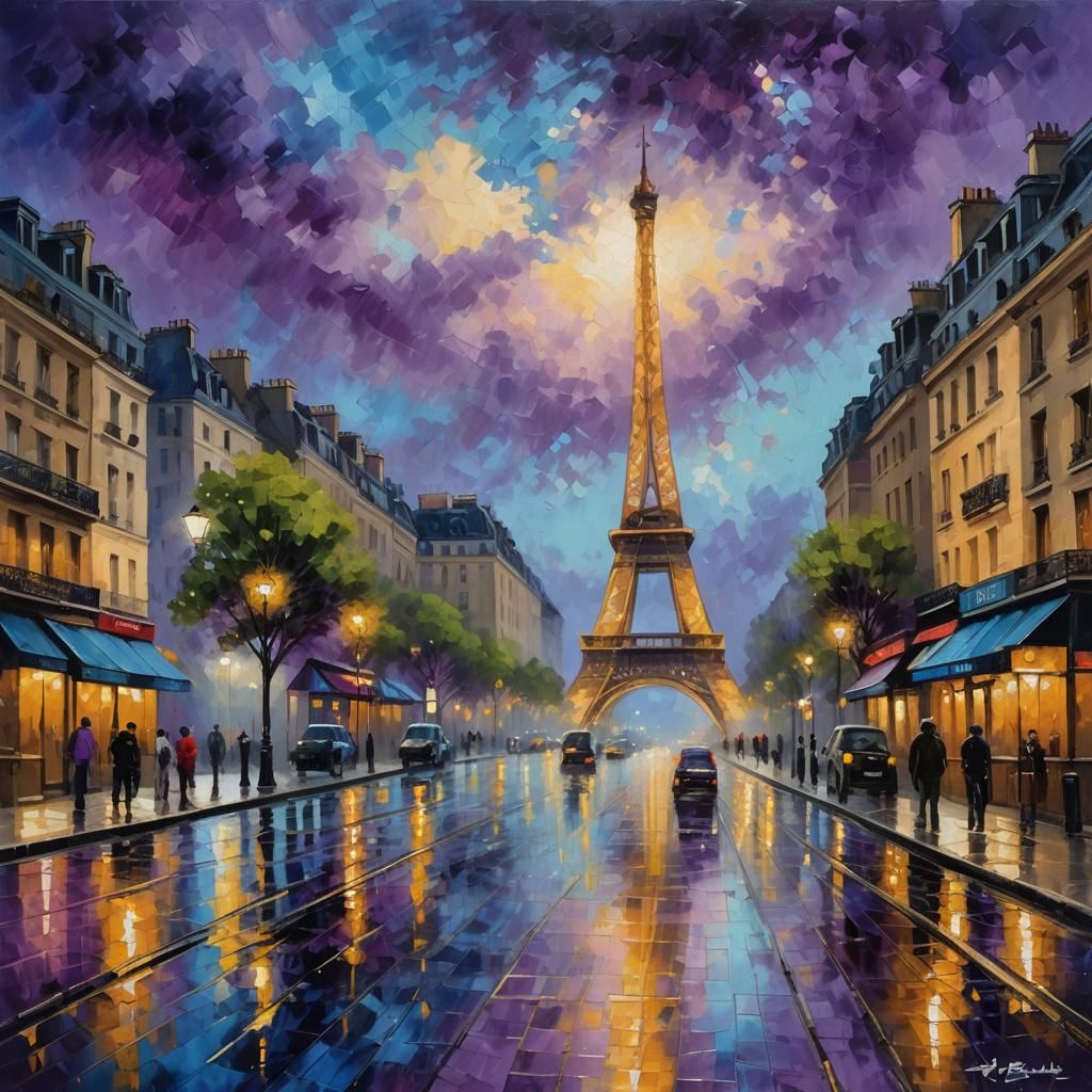 Paris Night Scene in Expressionist Oil Painting Style