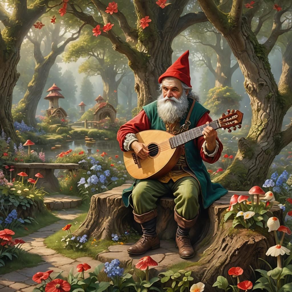Gnome Playing Lute in Magical Garden, Ethereal Fantasy