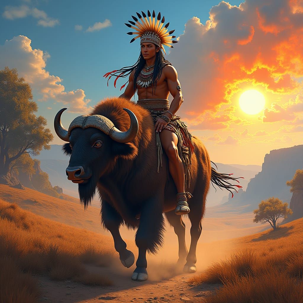 Native American Brave on Buffalo, Cinematic Matte Painting