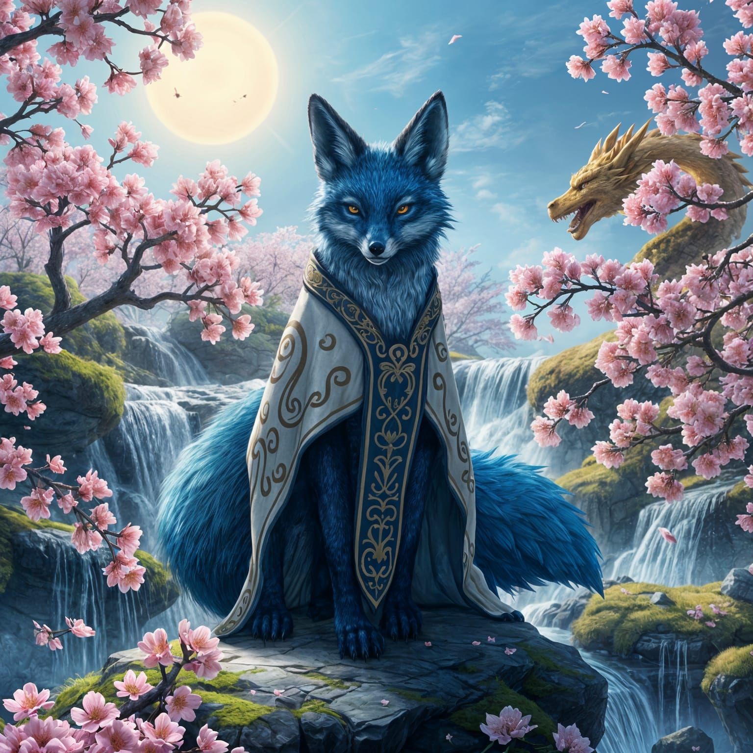 Sapphire Fox and Dragon in Cherry Blossom Garden