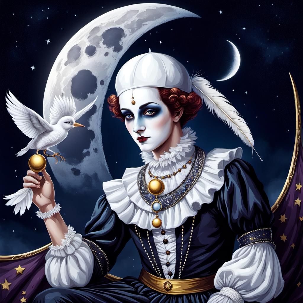 Pierrot on Crescent Moon in Moonlight