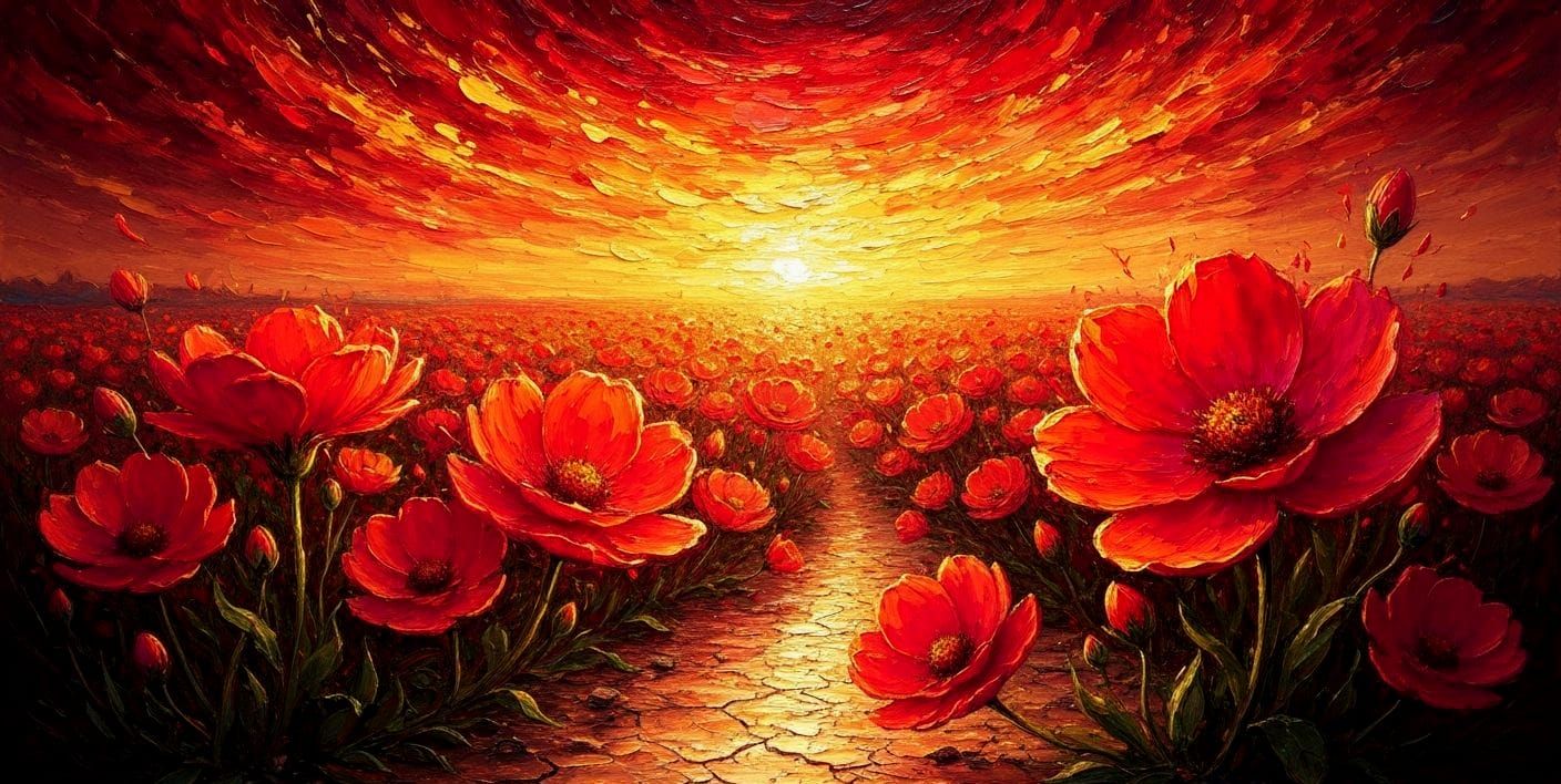 Fiery Blossoms at Sunset: An Impasto Painting