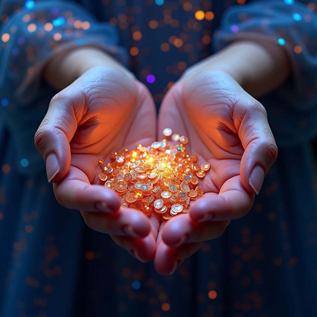Hands Holding Shimmering Sequins in High-Fantasy Style