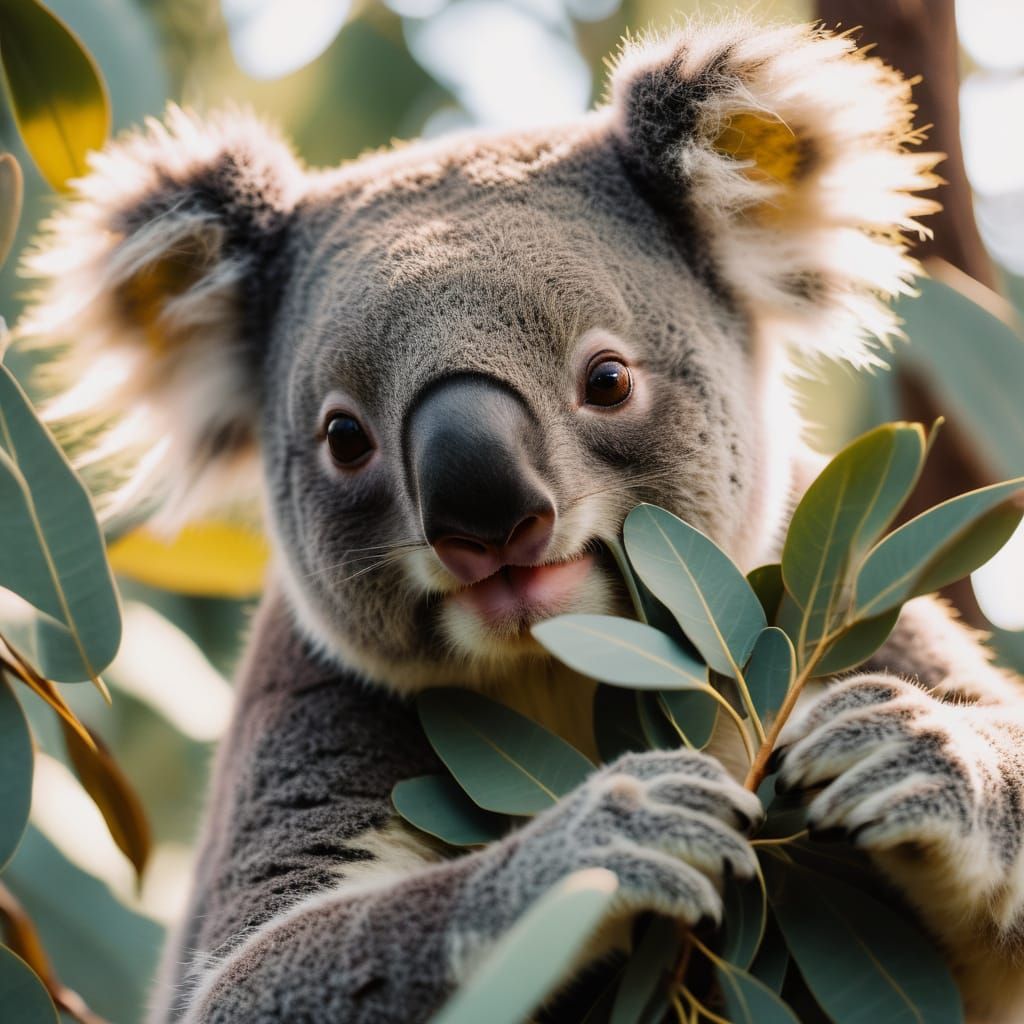 Koala Eating Eucalyptus Leaf in Golden Light