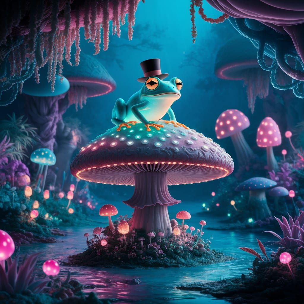 Whimsical Bioluminescent Frog in Vibrant Alien Jungle