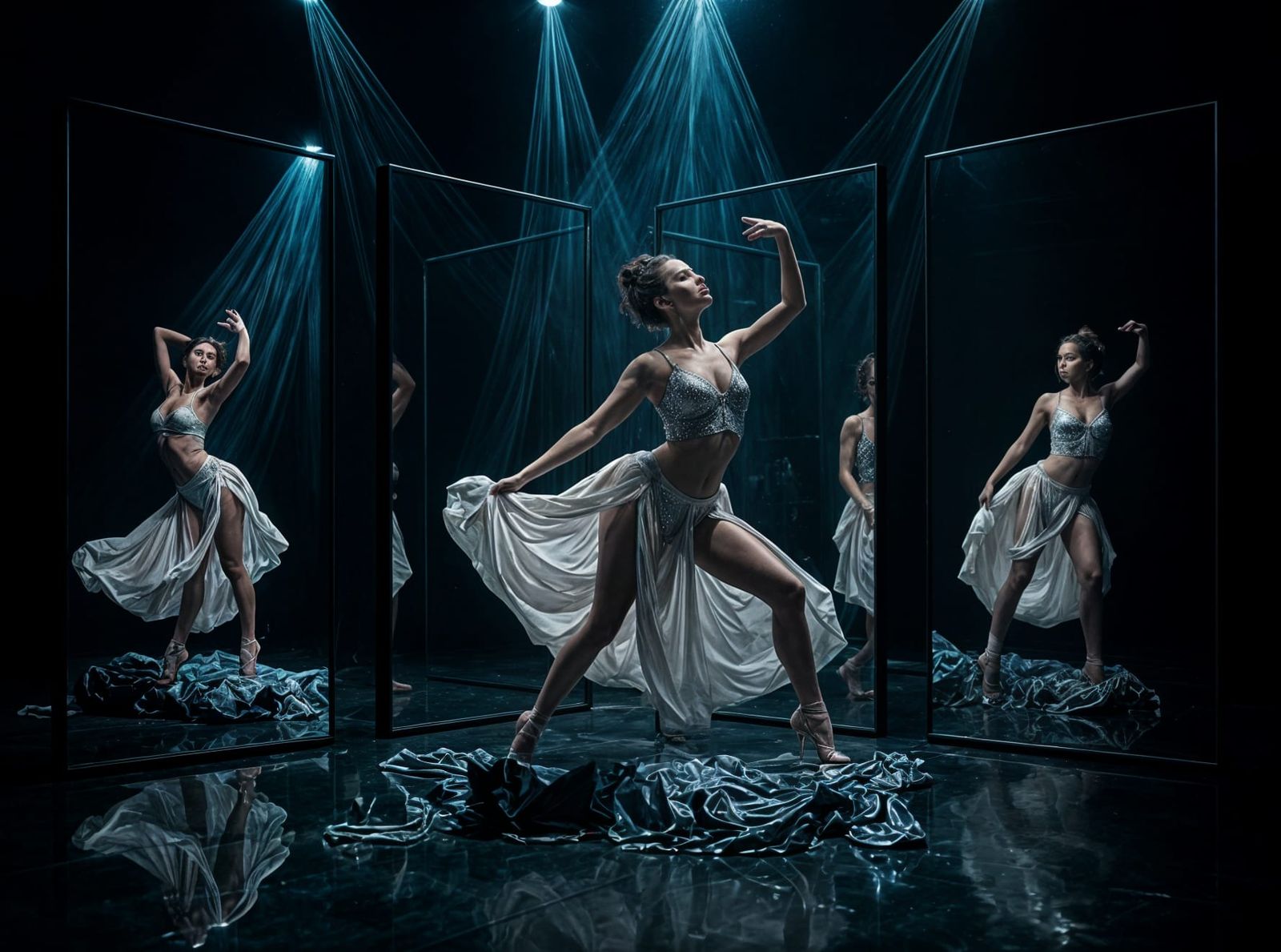 Dancer Deformed by Mirrors in Studio Lighting