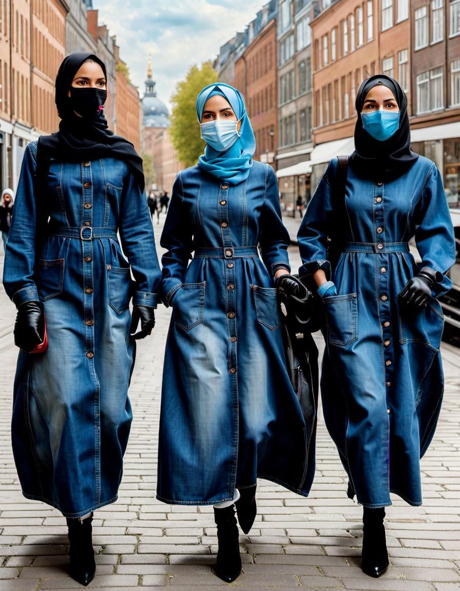 Hijabi Women Stroll Through Hamburg, Oil Painting Style
