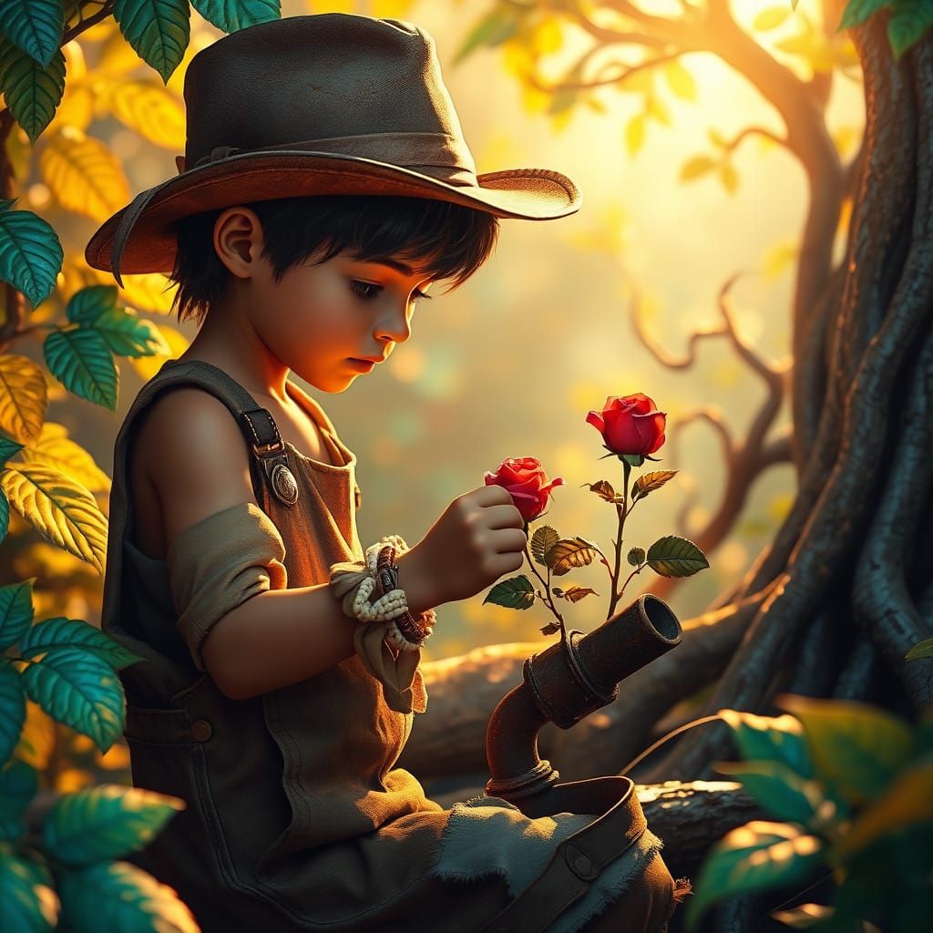Whimsical Boy Tends Exquisite Rose in Dreamlike Landscape