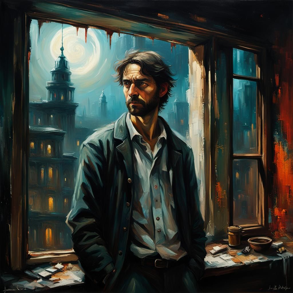 Dystopian Man in Cyberpunk City, Vivid Oil Painting