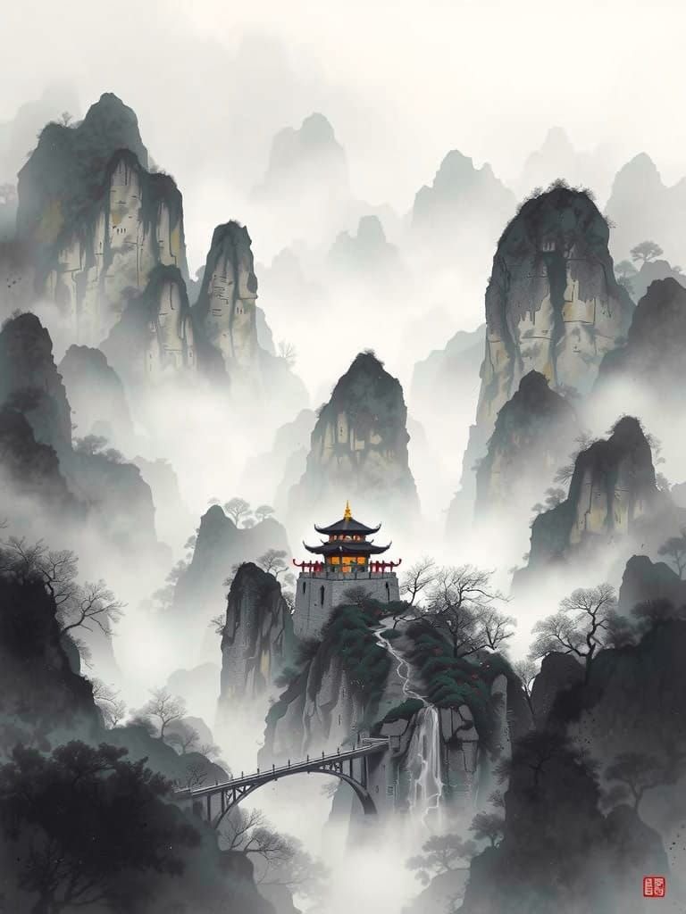 Elegant Guilin Mountains in Chinese Watercolor Style