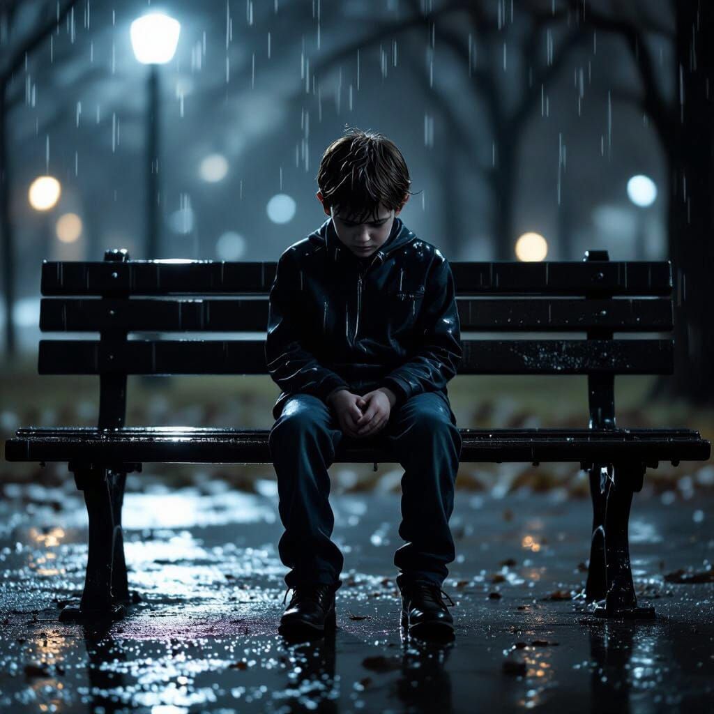 Boy Crying on Park Bench in Dramatic Night Rain