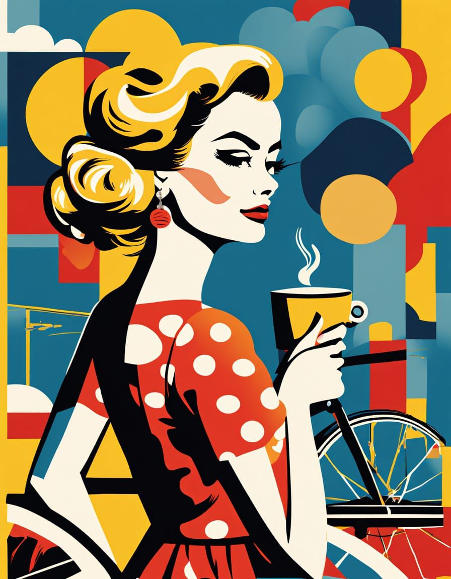 Pop Art 1960s Poster: Woman Sips Coffee, Man Rides Penny-Far...