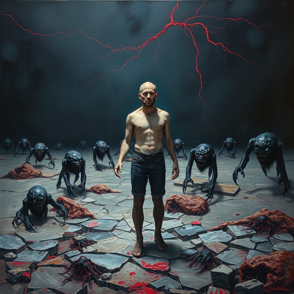 Man Trapped in Decaying Nightmare, Hyperrealistic Acrylic