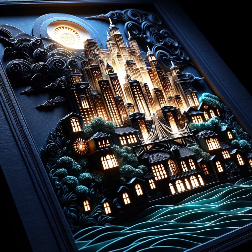 Embossed Metropolis on a Hill in Vivid Colors