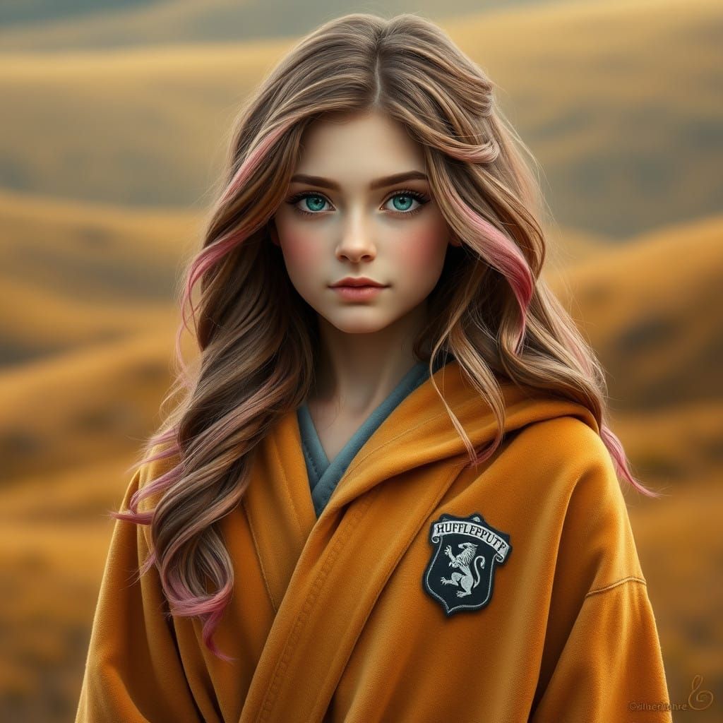 Whimsical Hufflepuff Woman in Earthy Robes