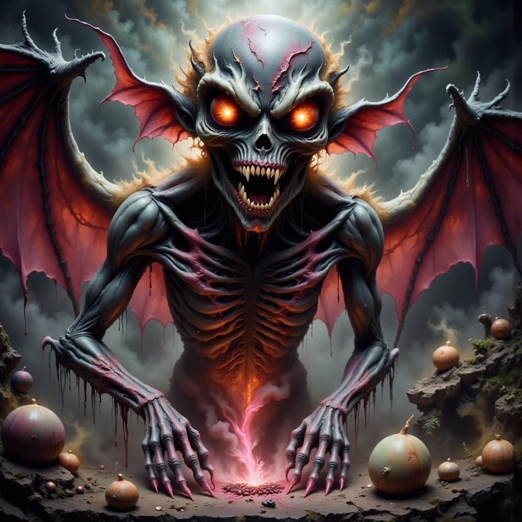 Gangly Demon with Bat Ears and Glowing Orange Eyes in a Dark...