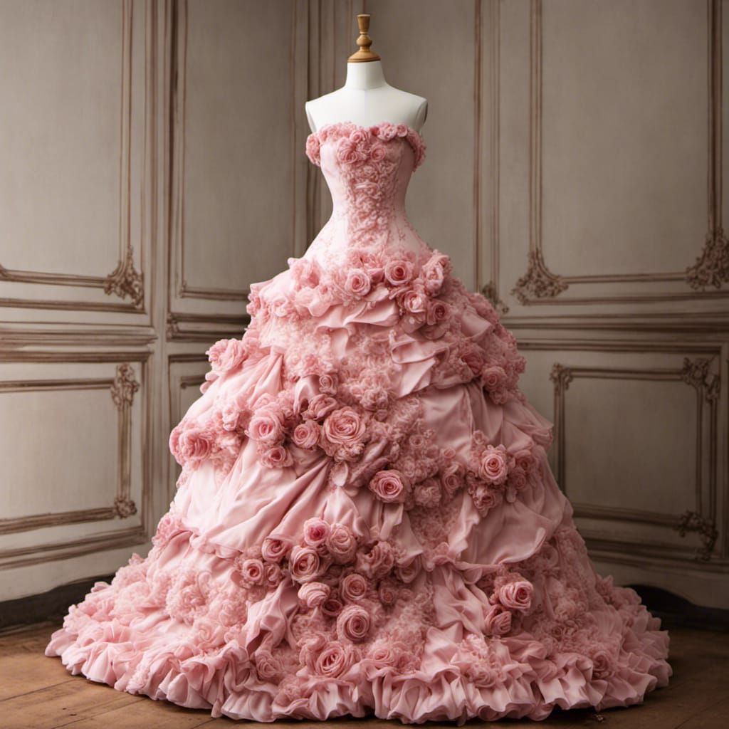 Pink Rococo Dress with Roses on Dress Form