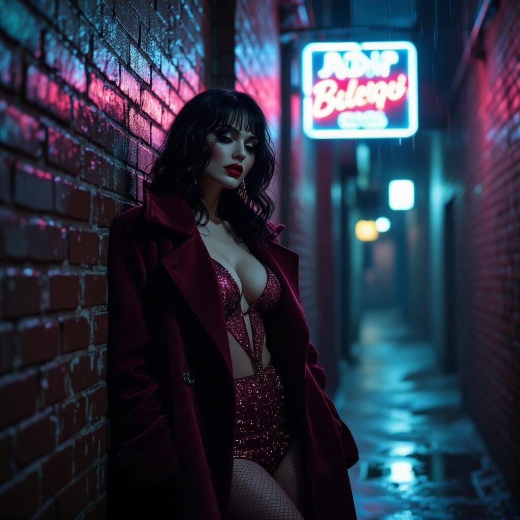 Burlesque Performer in Rain-Soaked Neon Alley