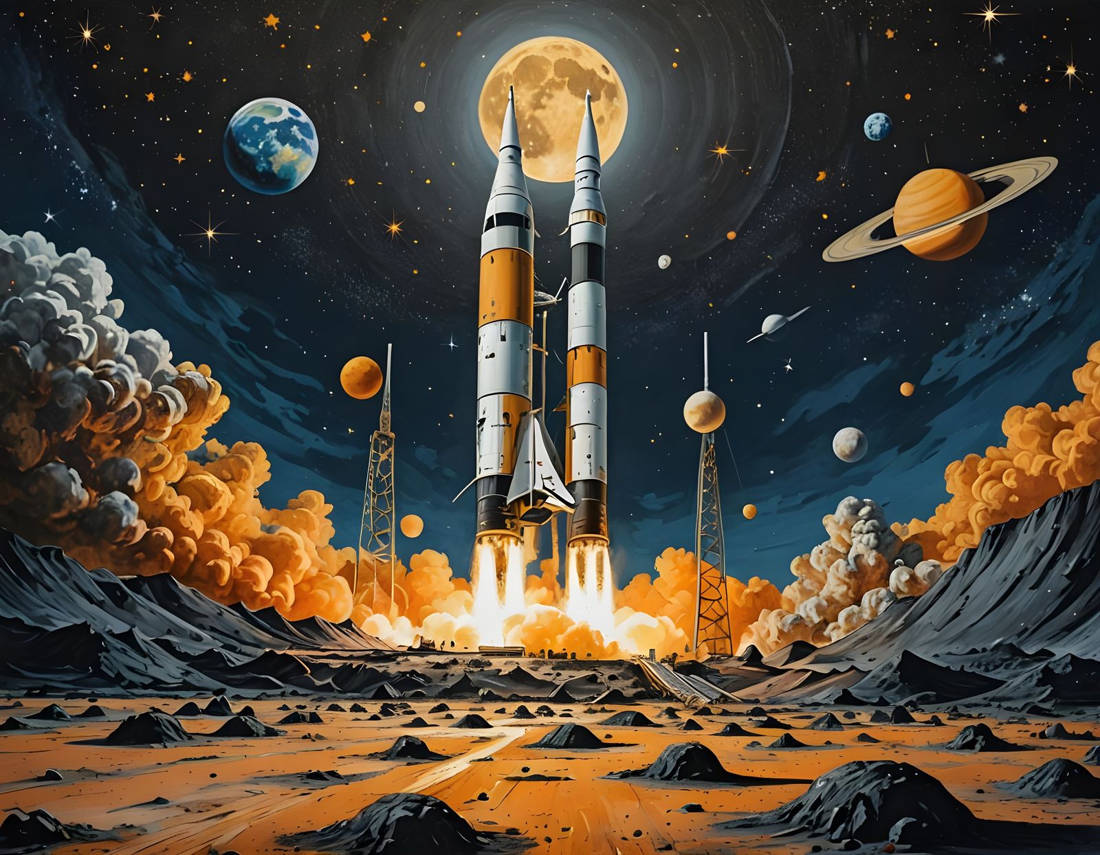 Apollo 11 Rocket Lands on the Moon in Vibrant Lithograph