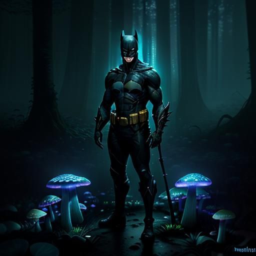 Batman in Bioluminescent Forest: Hyper-Realistic Digital Pai...
