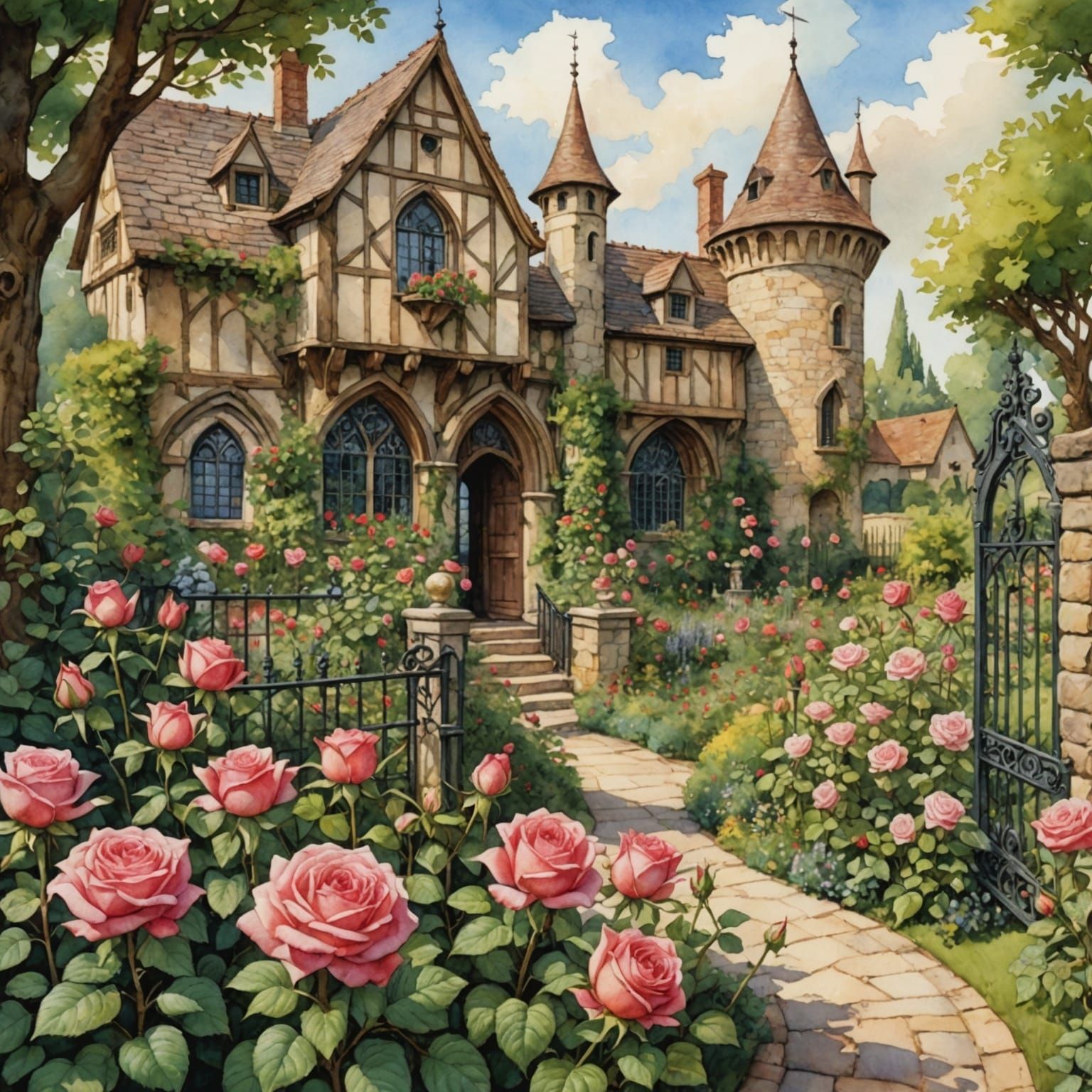 Medieval Rose Garden in Watercolor Style