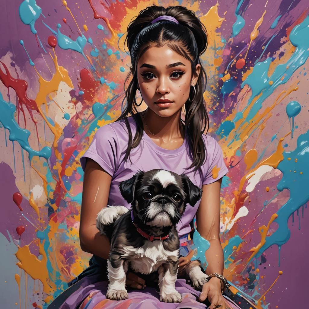 Brunette Super Heroine with Dog in Splash Art Style