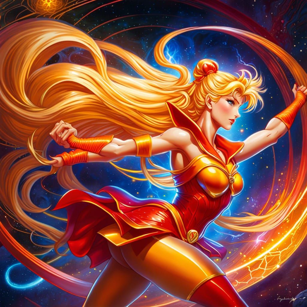 Sailor Venus with Electric Superpowers in Oil Paint