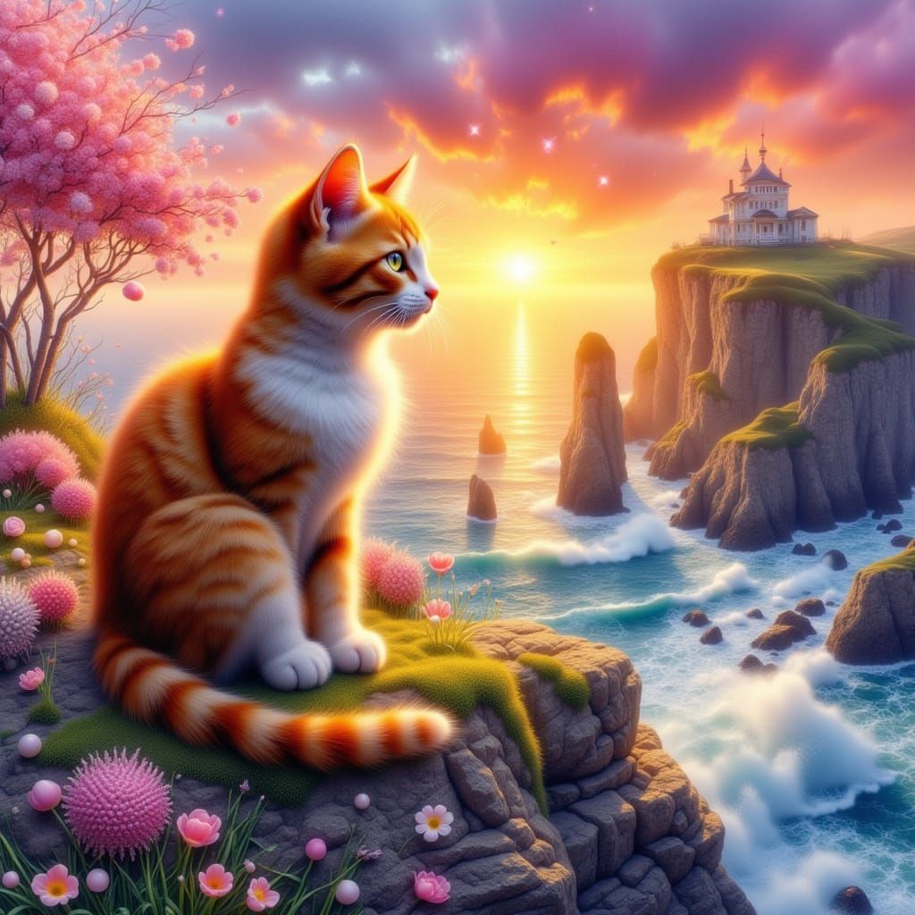 <lora:Water and Colour:1.0>Kitten sitting on a rock, stunning sunrise cliffside seascape hyperdetailed photorealism whim...
