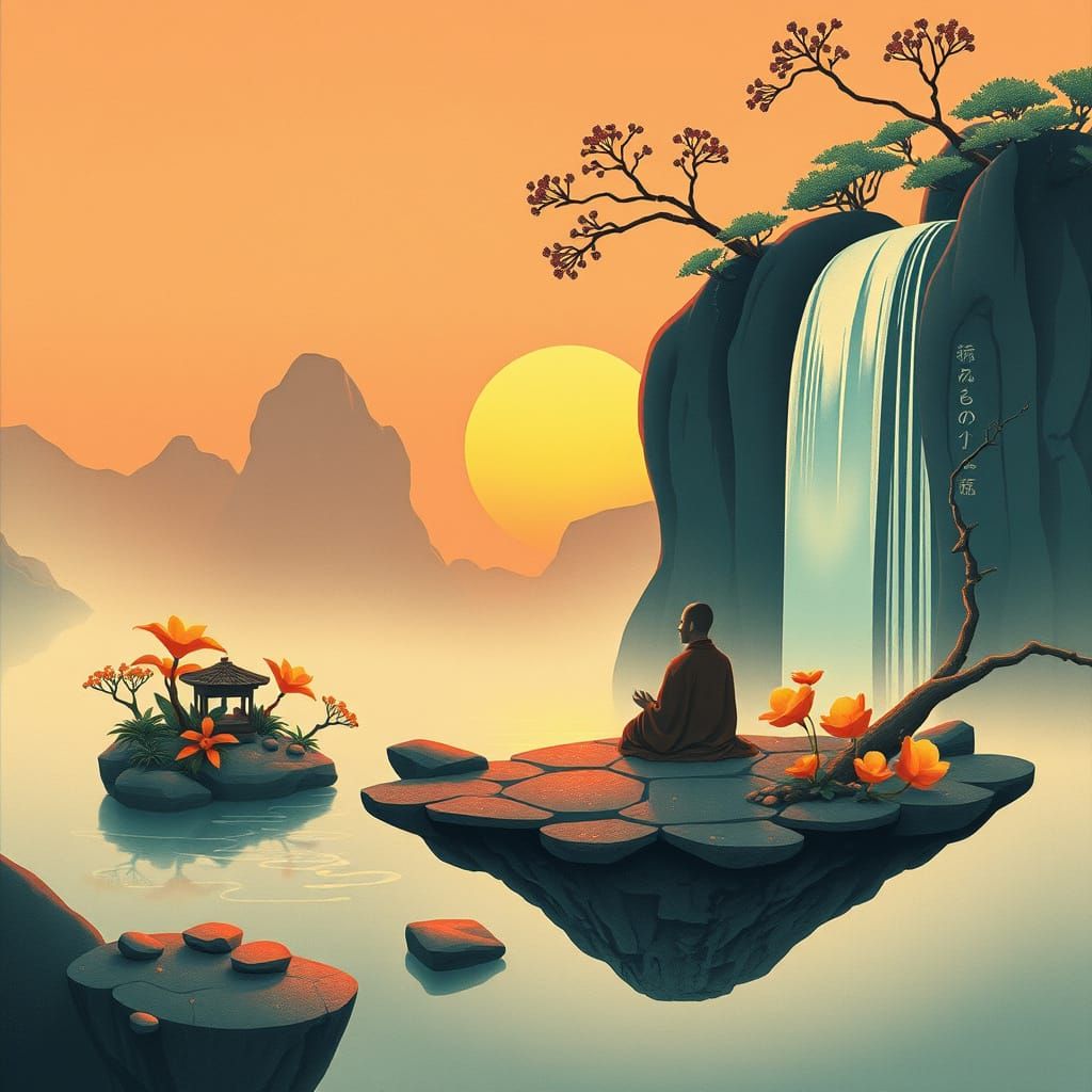 Surreal Floating Island Zen Garden at Binary Sunset