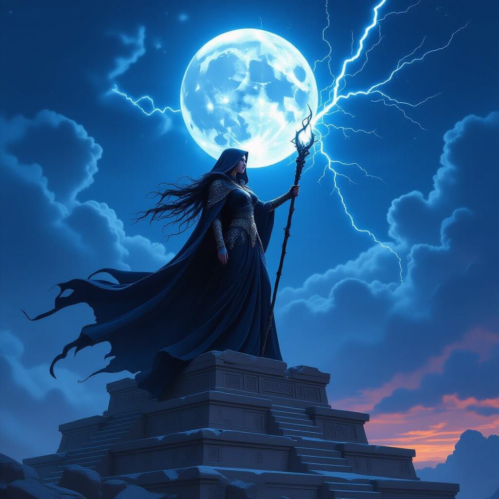Sorceress Channels Lightning on Ziggurat Under Twin Moons