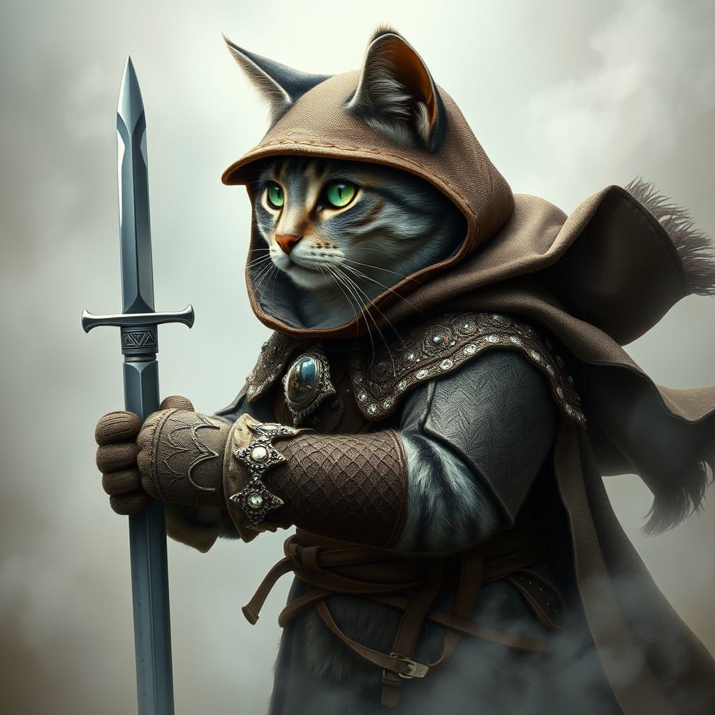 Whimsical Feline Warrior in Shimmering Armor