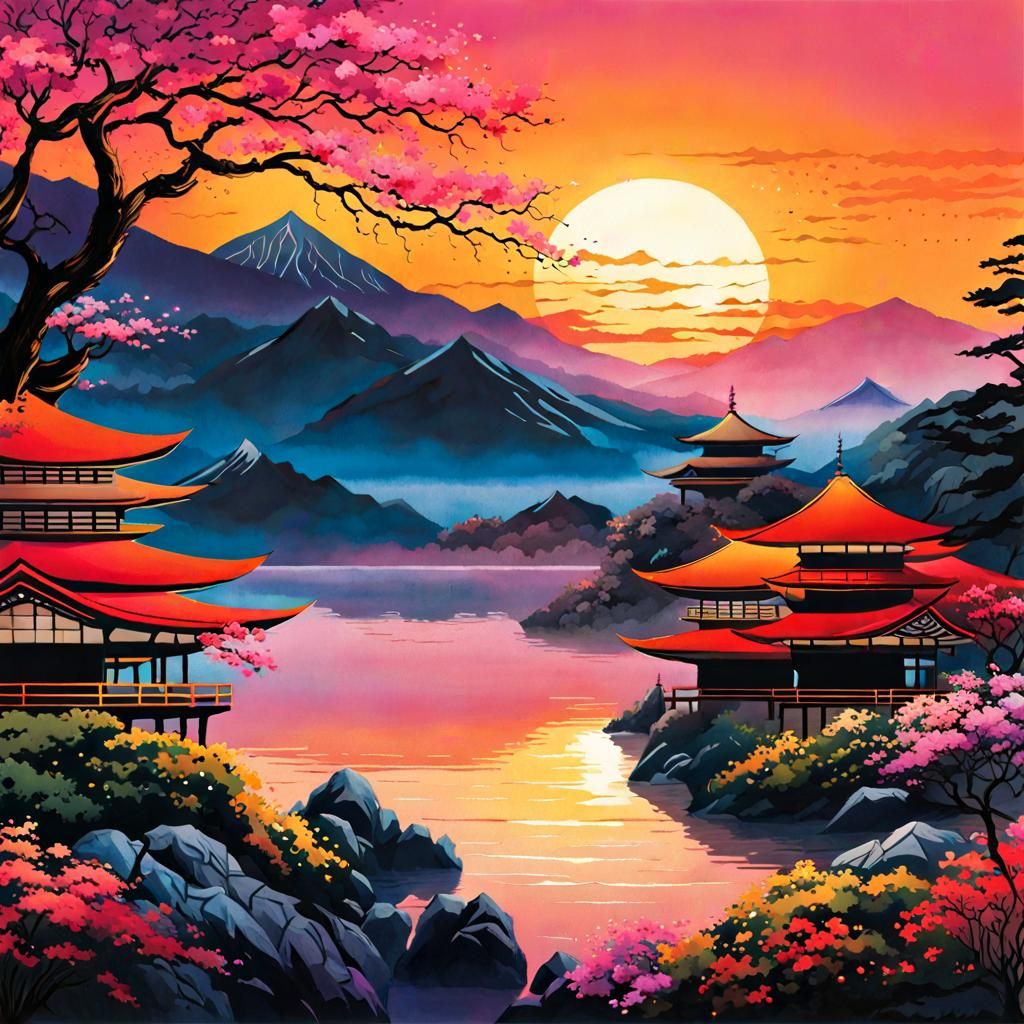 Japanese Summerscape Sunset in Watercolor Style
