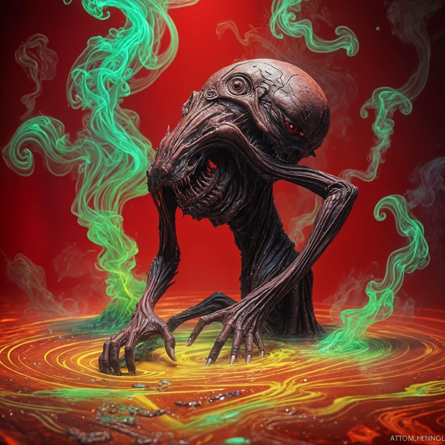 Sinister Alien Creature Burning in Acid