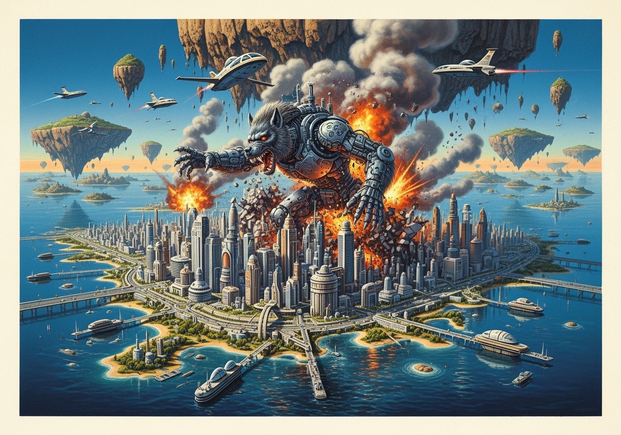 Colossal Biopunk Cyborg Wolf Monster Attacks Futuristic City