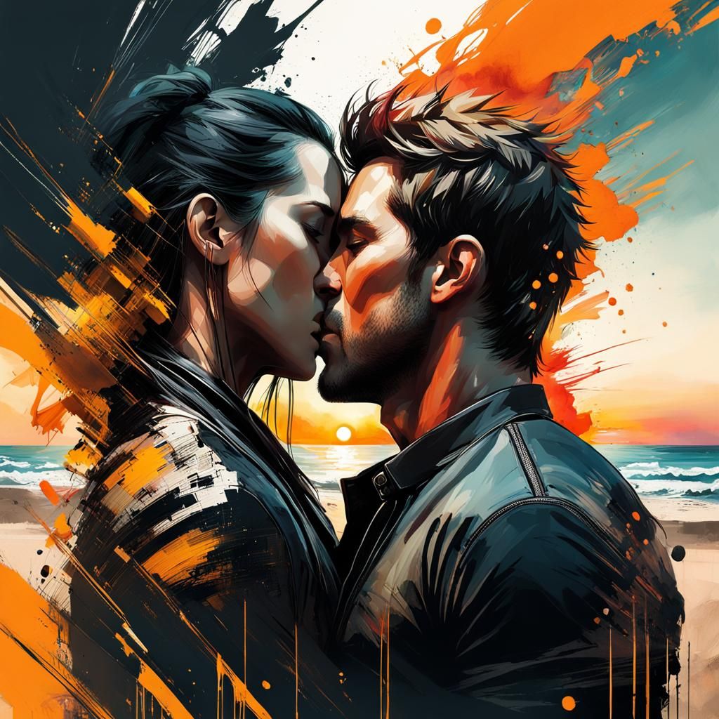 Sunset Kiss: A Detailed Mixed-Media Beach Scene
