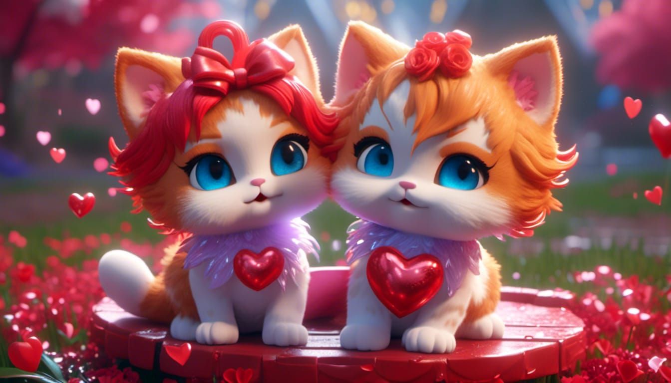 <lora:crying silver tears:1.0> two fluffy ginger baby chibi cats hearts valentine bright costume spring day,red bench et...