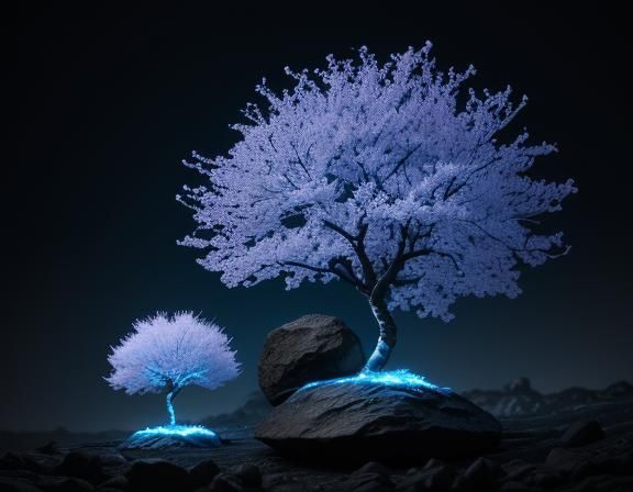 Glowing Cherry Blossom Tree on Lava Rock, Macro Photography