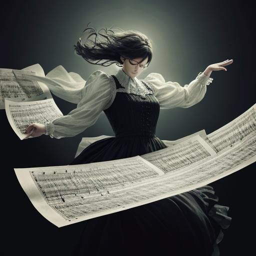 Woman Falls into Sheet Music: Hyperrealistic Digital Art