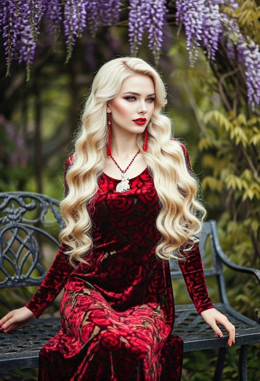 Gorgeous Model Poses in Whimsical Wisteria Garden