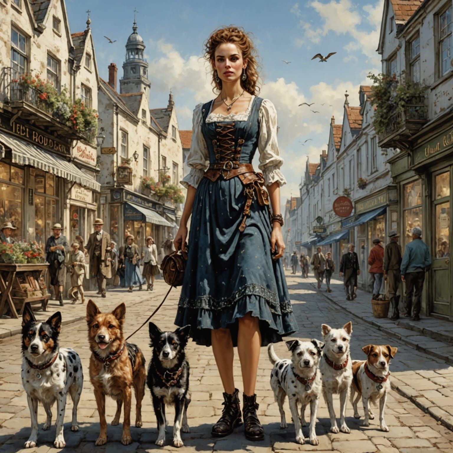 Lady with Spotted Dogs in Seaside Town
