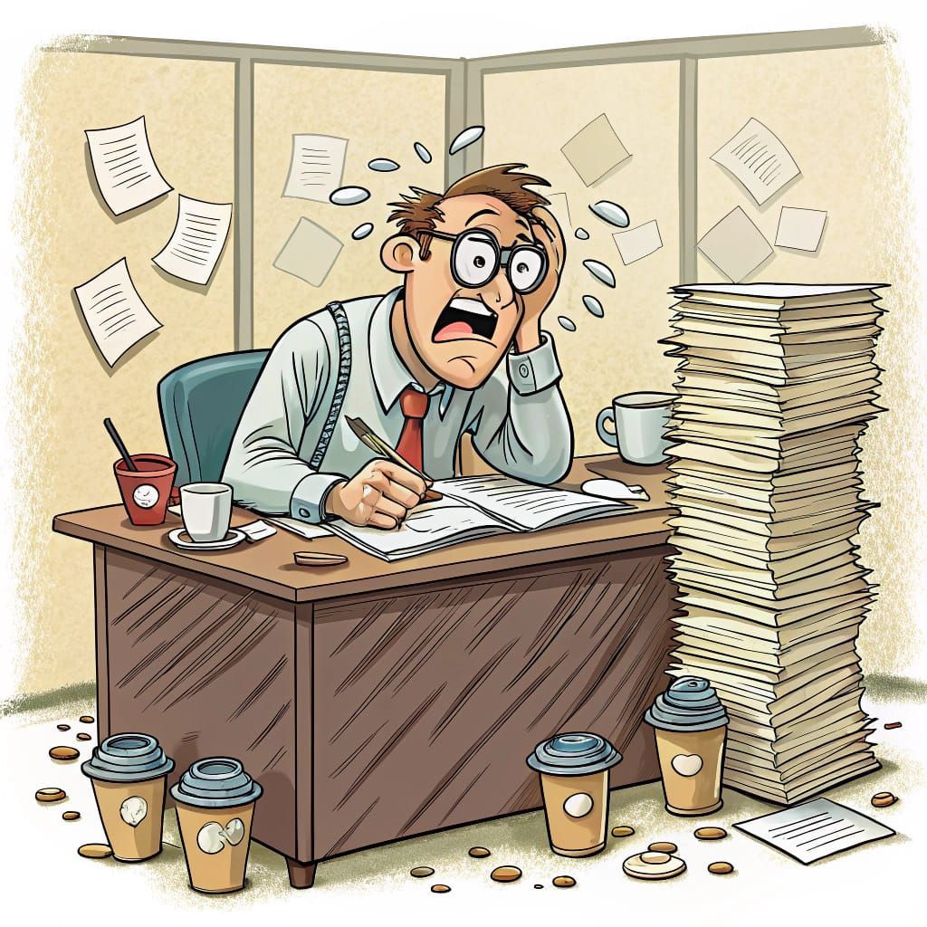 Frustrated Office Worker in a Satirical Cartoon Style