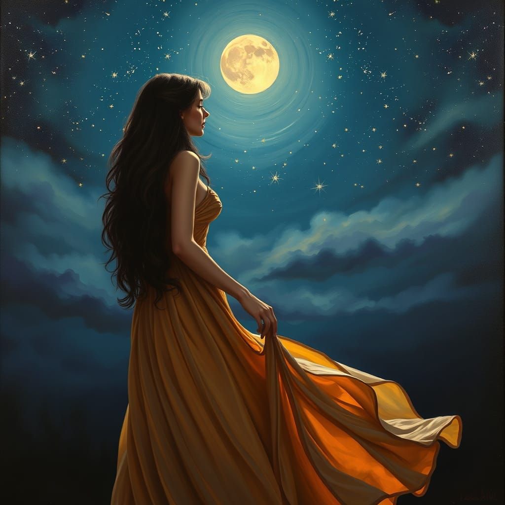 Romantic Oil Painting of Woman Under Starry Moonlit Sky