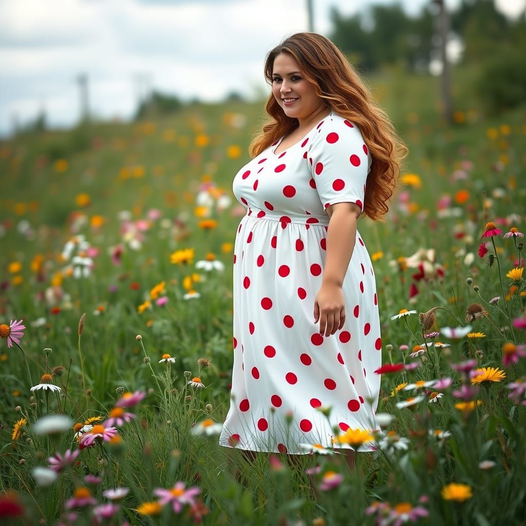 Curvy Woman in Polka Dot Dress in Meadow