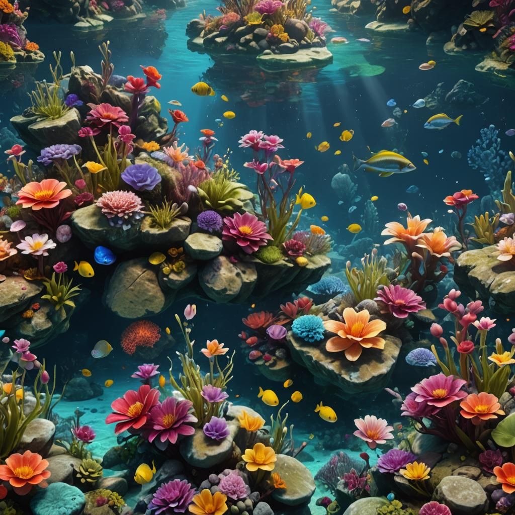 Underwater Garden with Colorful Rocks, Detailed Matte Painti...