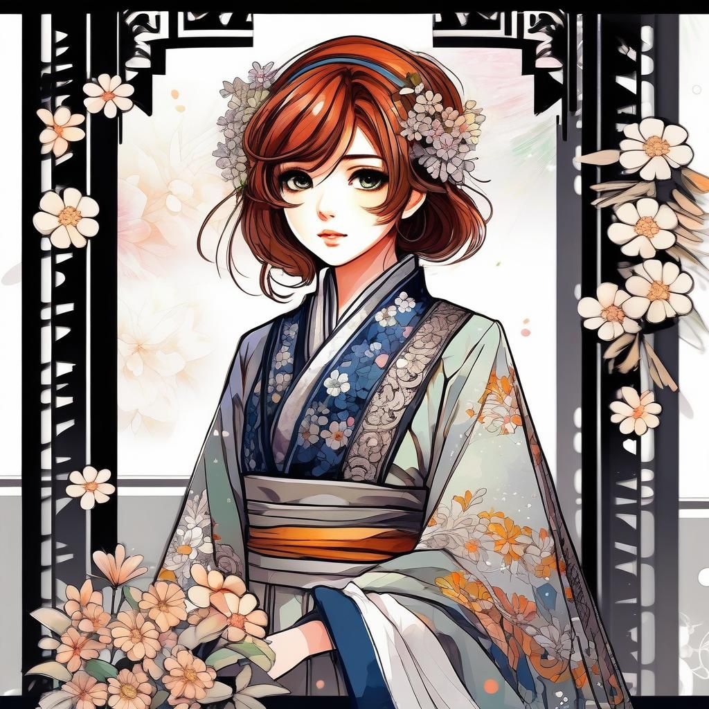 Anime Girl in Ornate Clothing with Expressive Ink Style