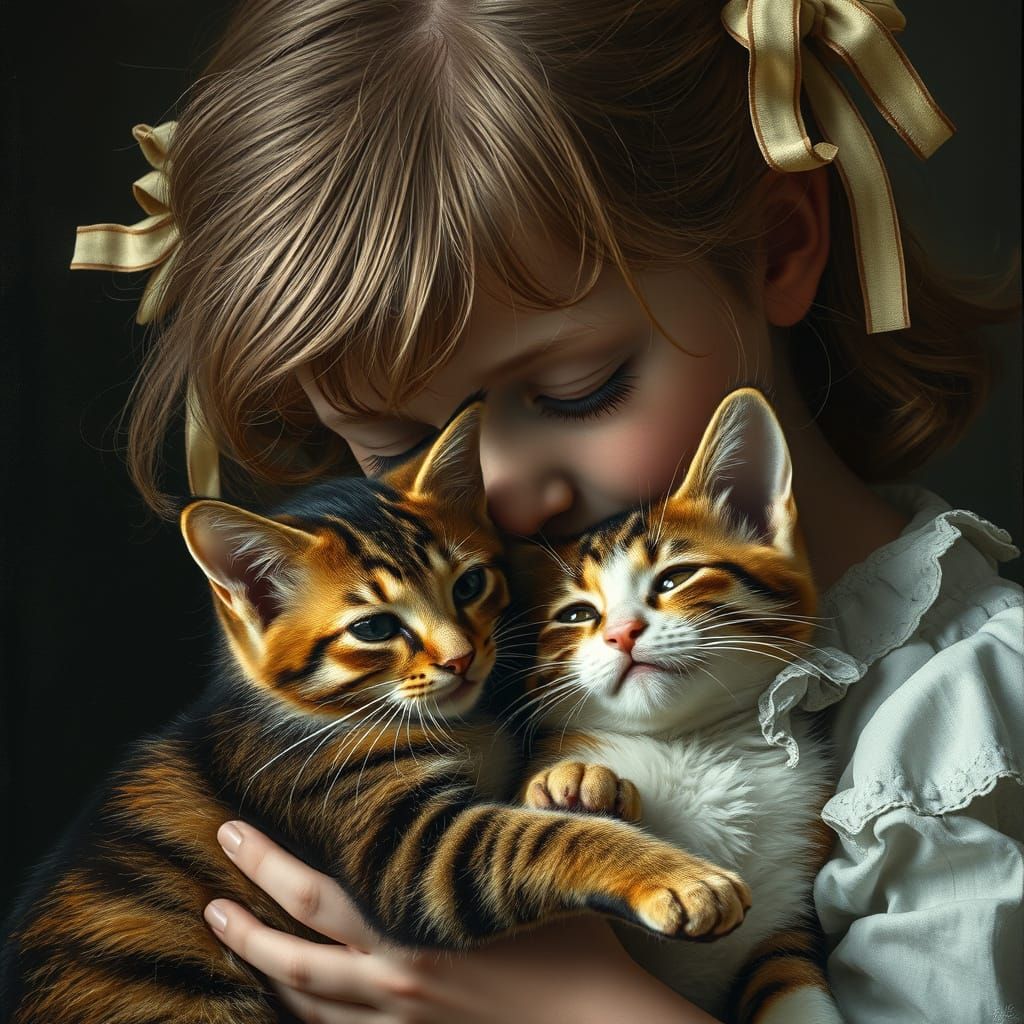 Hyperrealistic Oil Painting of a Young Girl with a Calico Ca...